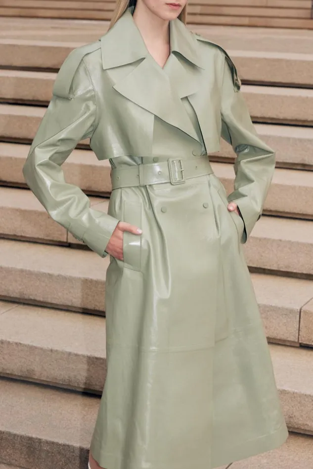 Mackage Leather Jackets Women Carmela Leather Trench With Belt Matcha