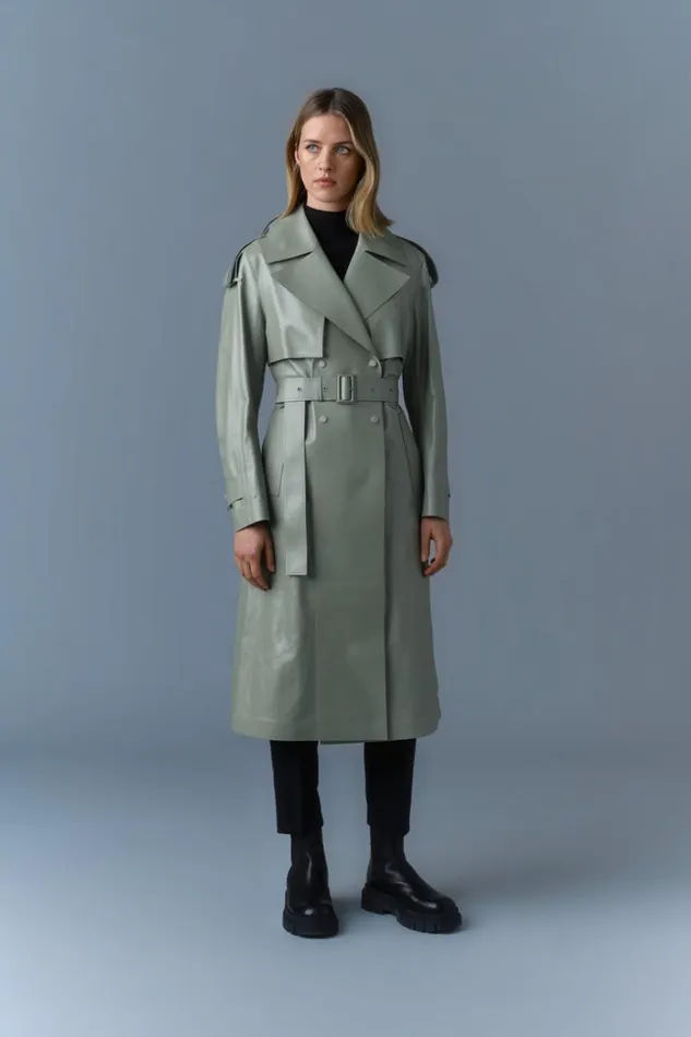 Mackage Leather Jackets Women Carmela Leather Trench With Belt Matcha