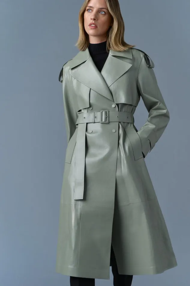 Mackage Leather Jackets Women Carmela Leather Trench With Belt Matcha