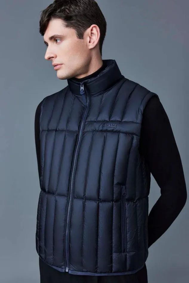 Mackage Light Down Jackets Men Patrick Translucent Ripstop Light Down Vest With Funnel Collar Navy