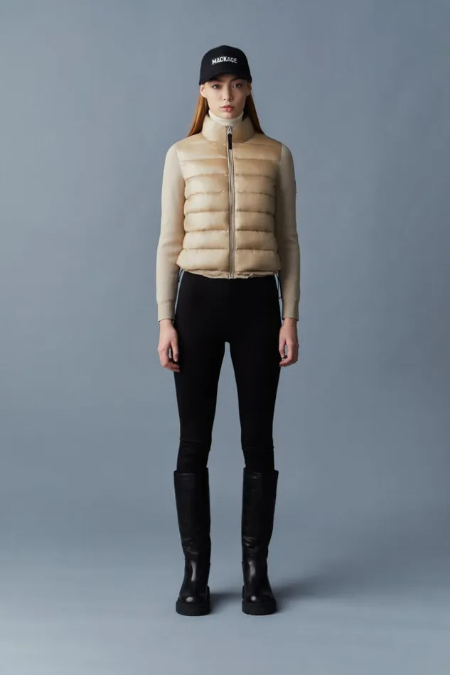 Mackage Light Down Jackets Women Oceane Recycled Hybrid Jacket With Rib Knit Sleeves Beige