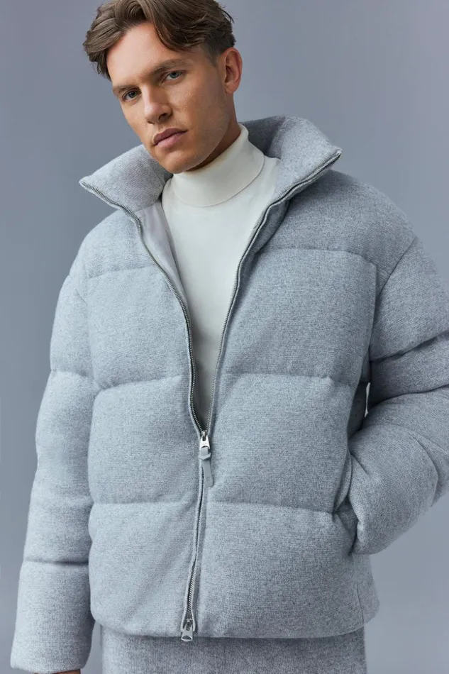 Mackage Puffer Men Steven Medium Down Jacket With Cashmere Blend Shell Light Grey Mix