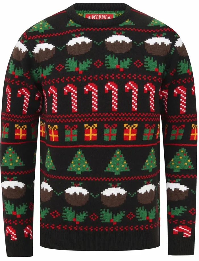 Men Christmas Jumpers Tokyo Laundry Candy Pudding Wallpaper Print Novelty Christmas Jumper In Black Merry Christmas Black Men Christmas Jumpers Tokyo Laundry Candy Pudding Wallpaper Print Novelty Christmas Jumper In Black Merry Christmas Black