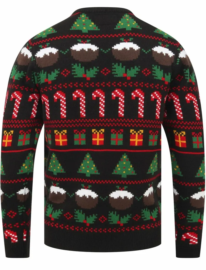 Men Christmas Jumpers Tokyo Laundry Candy Pudding Wallpaper Print Novelty Christmas Jumper In Black Merry Christmas Black