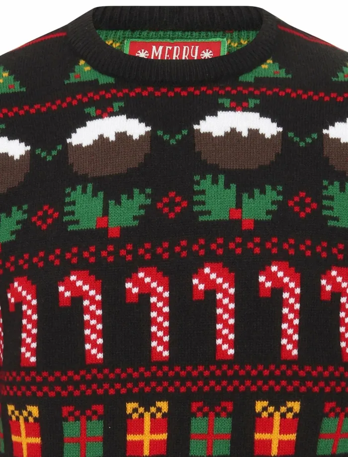 Men Christmas Jumpers Tokyo Laundry Candy Pudding Wallpaper Print Novelty Christmas Jumper In Black Merry Christmas Black