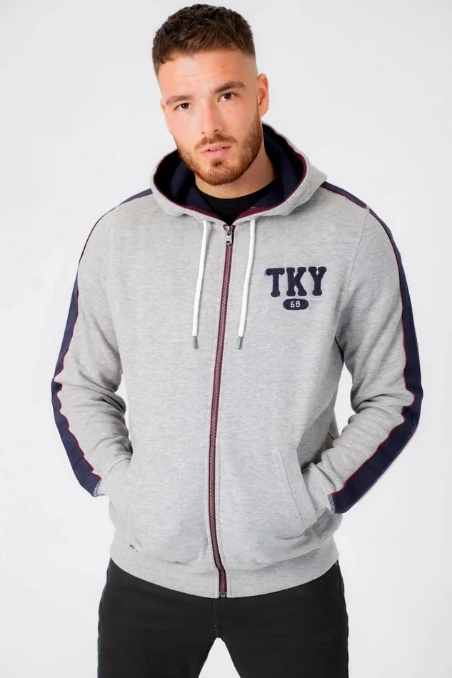 Men Hoodies and Sweatshirts Tokyo Laundry Hennessey Zip Through Hoodie With Tape Sleeve Detail In Light Grey Marl Tokyo Laundry Grey