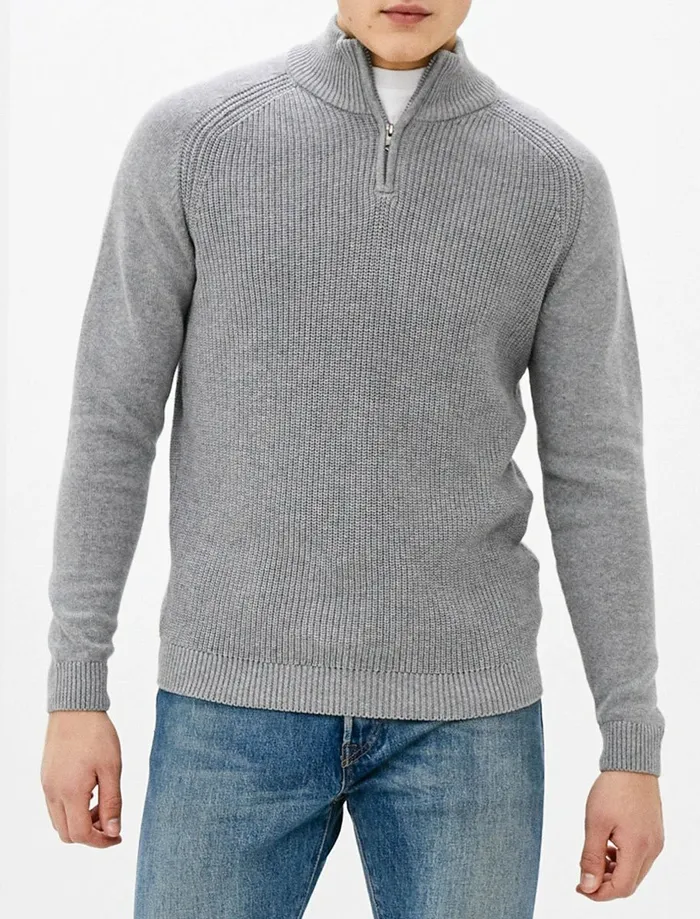 Men Jumpers and Cardigans Tokyo Laundry Kinkle Half Zip Cotton Knitted Jumper In Mid Grey Marl 8211 Kensington Eastside Grey