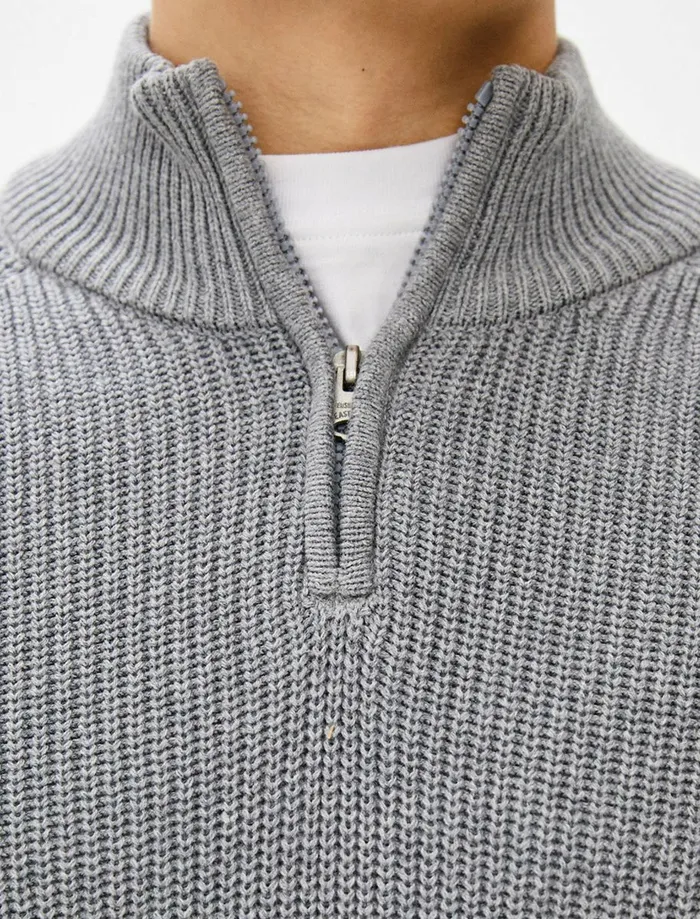 Men Jumpers and Cardigans Tokyo Laundry Kinkle Half Zip Cotton Knitted Jumper In Mid Grey Marl 8211 Kensington Eastside Grey