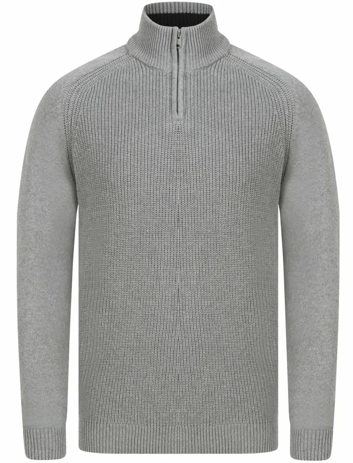 Men Jumpers and Cardigans Tokyo Laundry Kinkle Half Zip Cotton Knitted Jumper In Mid Grey Marl 8211 Kensington Eastside Grey
