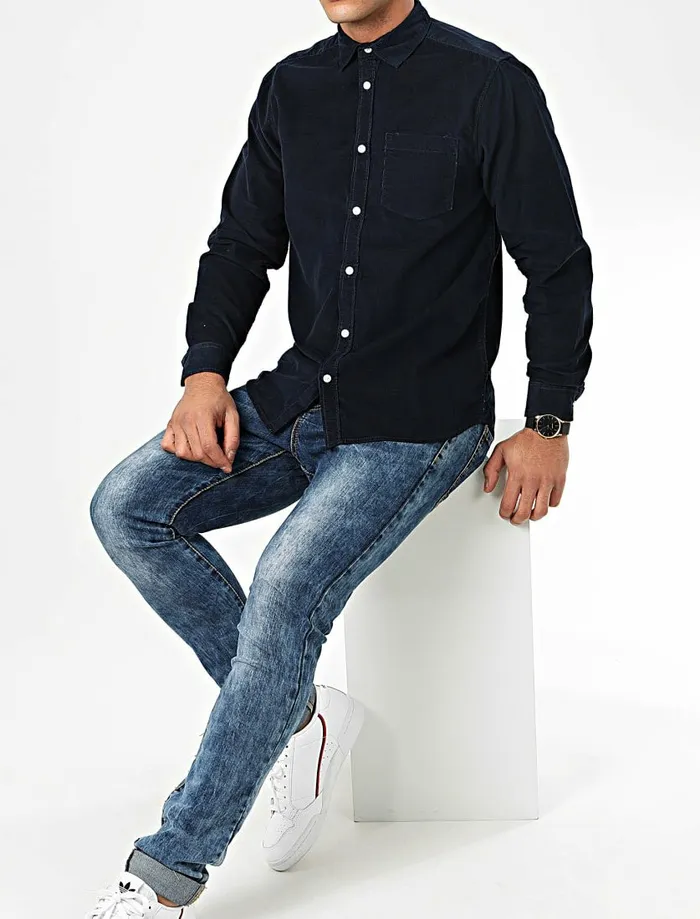 Men Shirts Tokyo Laundry Erskine Corduroy Cotton Long Sleeve Shirt In Navy 8211 Tokyo Laundry Navy