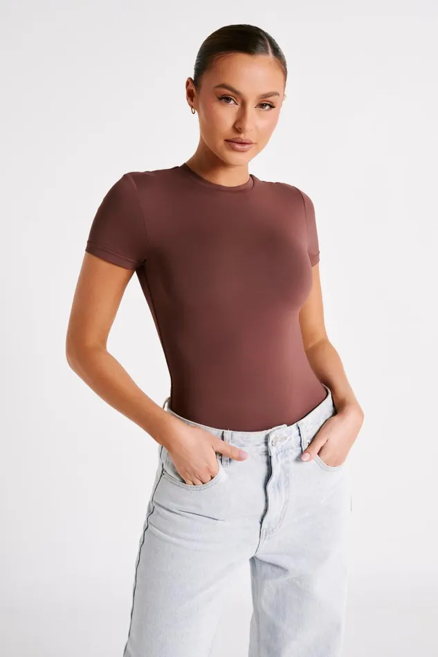 Meshki Basic Tops Francesca Recycled Nylon Crew Neck Short Sleeve Bodysuit 8211 Mocha Mocha 8211 Women