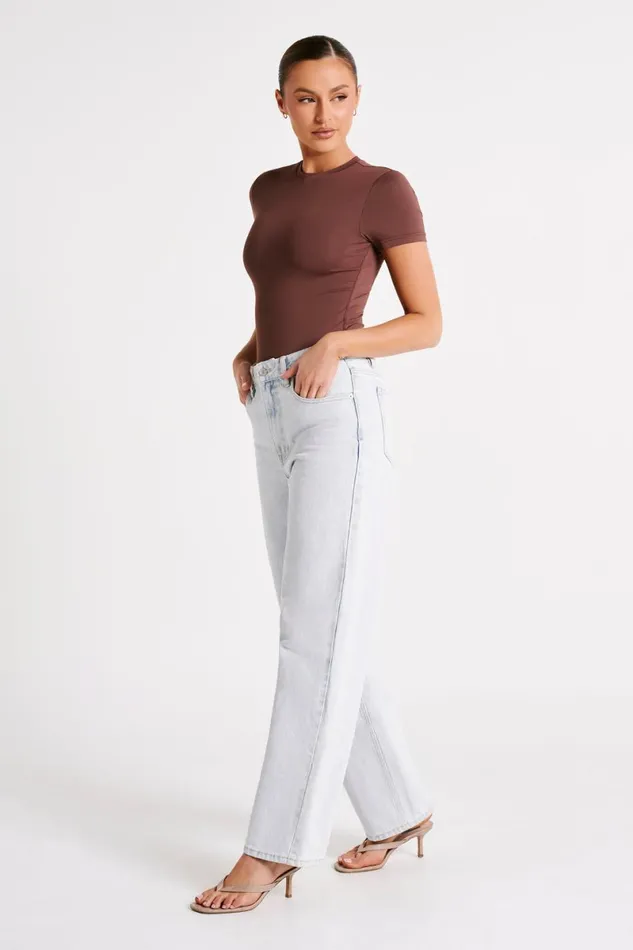 Meshki Basic Tops Francesca Recycled Nylon Crew Neck Short Sleeve Bodysuit 8211 Mocha Mocha 8211 Women