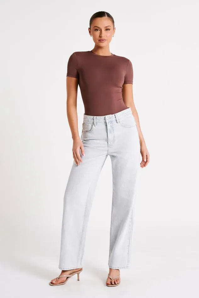 Meshki Basic Tops Francesca Recycled Nylon Crew Neck Short Sleeve Bodysuit 8211 Mocha Mocha 8211 Women