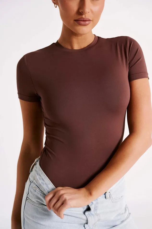 Meshki Basic Tops Francesca Recycled Nylon Crew Neck Short Sleeve Bodysuit 8211 Mocha Mocha 8211 Women
