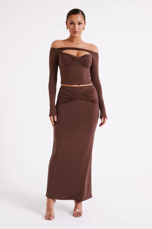 Meshki Long Sleeve Tops Ceri Off Shoulder Long Sleeve Top 8211 Mocha Mocha 8211 Women