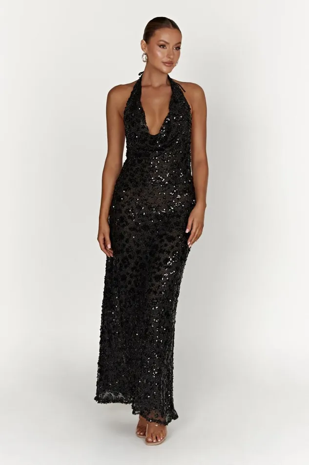Meshki Maxi Dresses Nicola Plunge Neck Sequin Maxi Dress 8211 Black Black 8211 Women