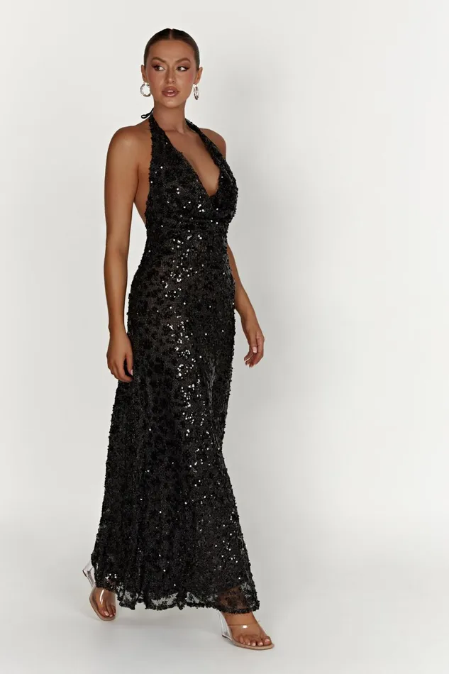 Meshki Maxi Dresses Nicola Plunge Neck Sequin Maxi Dress 8211 Black Black 8211 Women