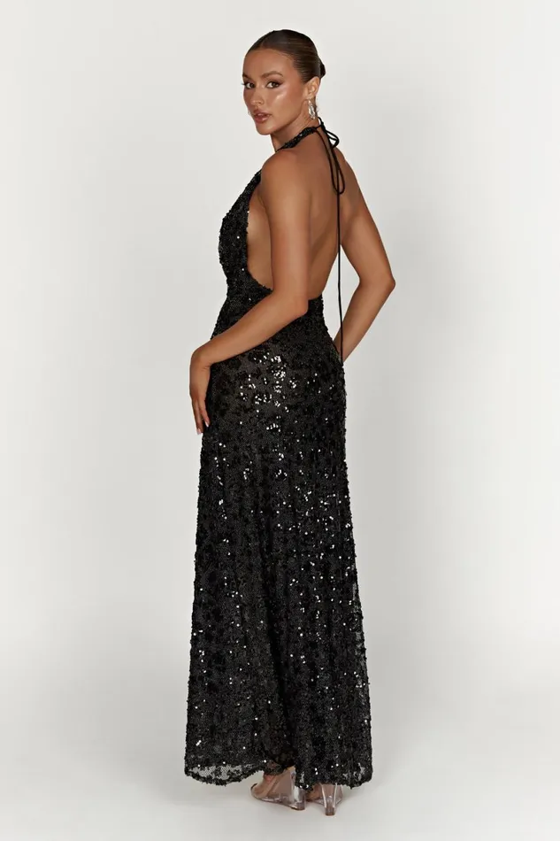 Meshki Maxi Dresses Nicola Plunge Neck Sequin Maxi Dress 8211 Black Black 8211 Women