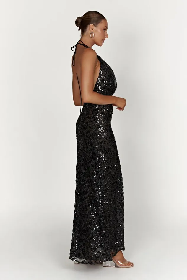 Meshki Maxi Dresses Nicola Plunge Neck Sequin Maxi Dress 8211 Black Black 8211 Women