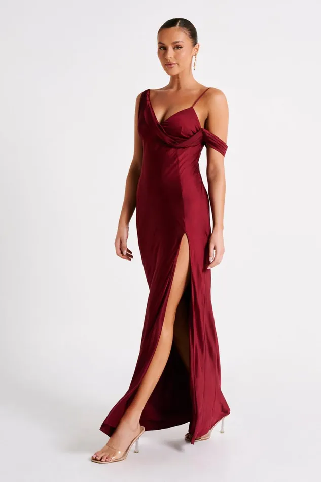 Meshki Maxi Dresses Soleil Satin Off Shoulder Maxi Dress 8211 Berry Berry 8211 Women