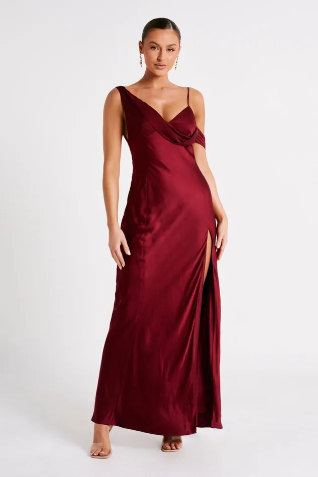 Meshki Maxi Dresses Soleil Satin Off Shoulder Maxi Dress 8211 Berry Berry 8211 Women