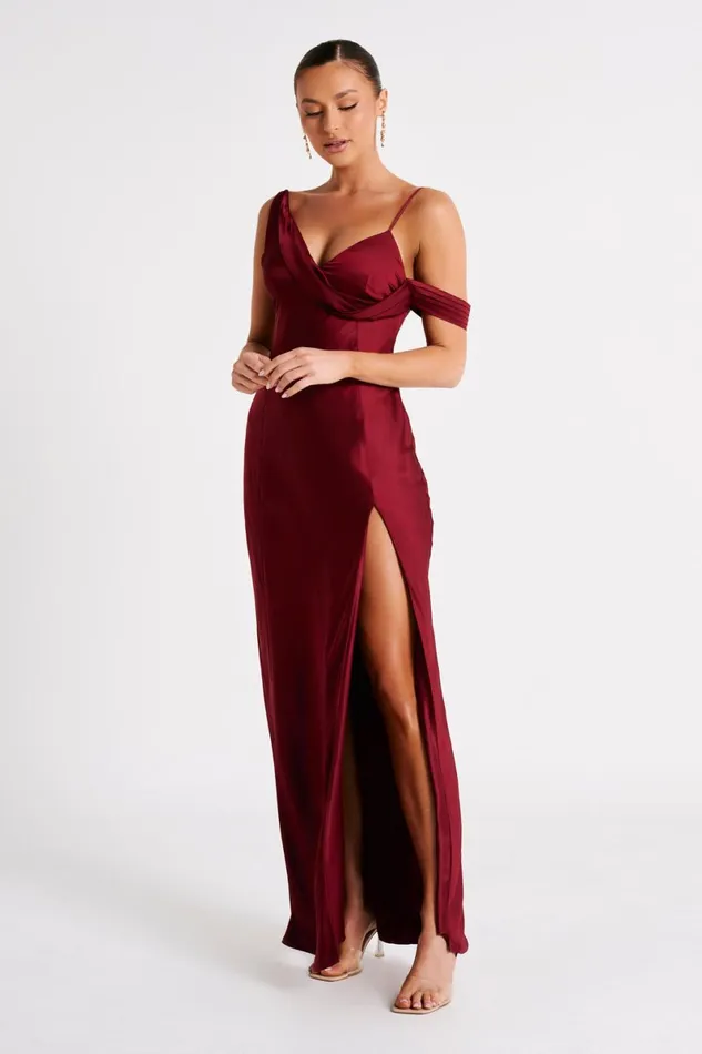 Meshki Maxi Dresses Soleil Satin Off Shoulder Maxi Dress 8211 Berry Berry 8211 Women