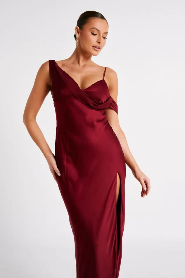 Meshki Maxi Dresses Soleil Satin Off Shoulder Maxi Dress 8211 Berry Berry 8211 Women
