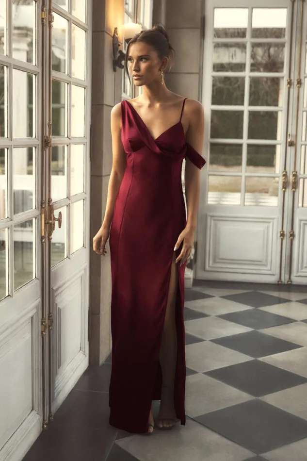 Meshki Maxi Dresses Soleil Satin Off Shoulder Maxi Dress 8211 Berry Berry 8211 Women
