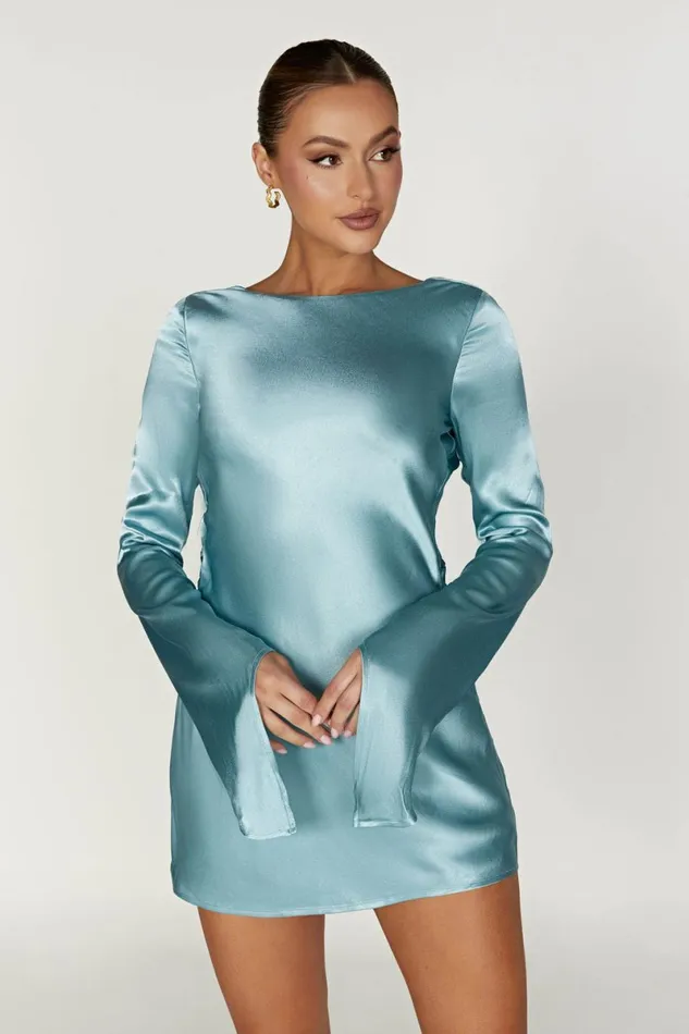 Meshki Mini Dresses Davina Satin Long Sleeve Mini Dress 8211 Powder Blue Powderblue 8211 Women