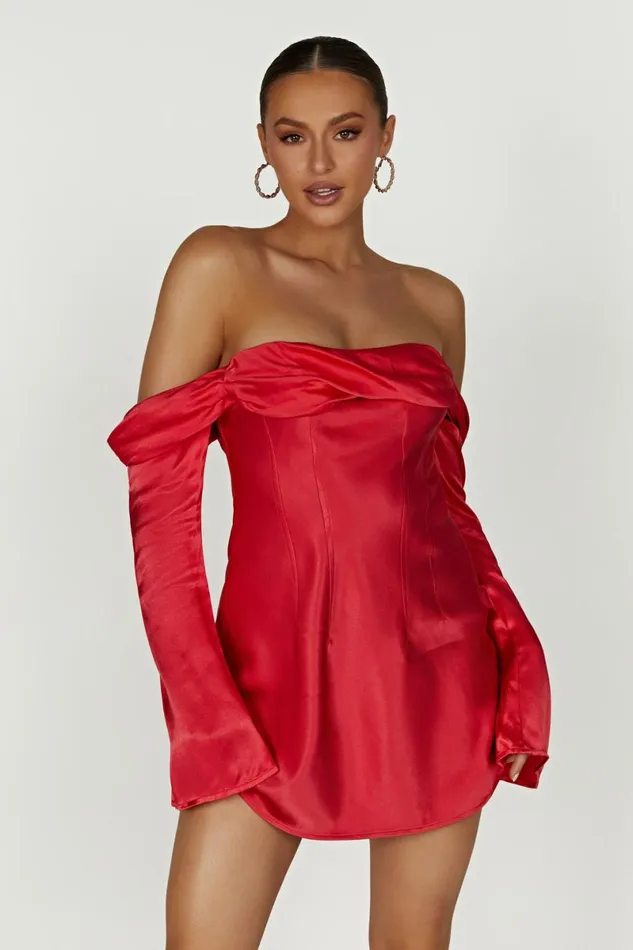 Meshki Mini Dresses Giselle Off Shoulder Satin Mini Dress 8211 Red Red 8211 Women