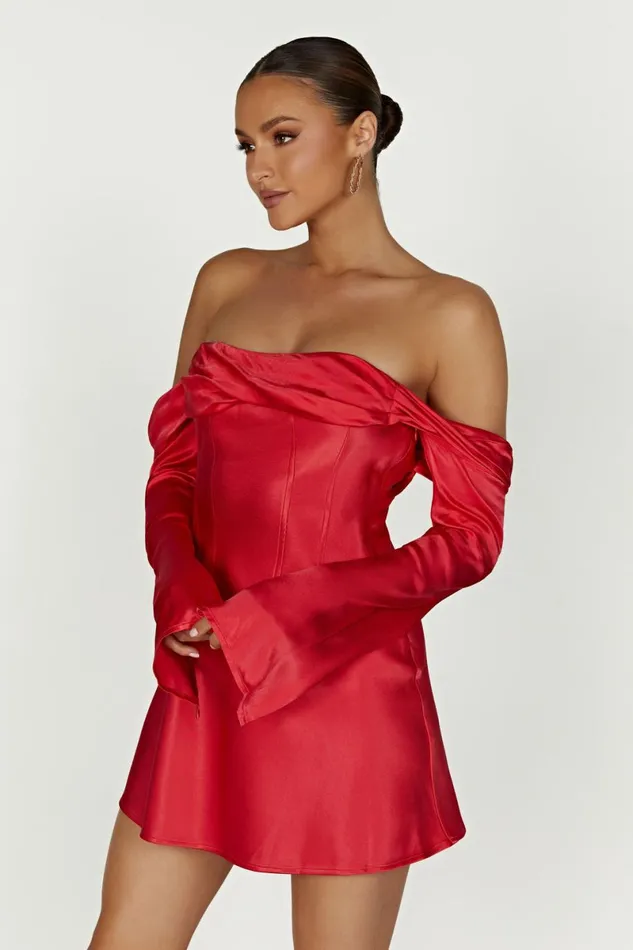 Meshki Mini Dresses Giselle Off Shoulder Satin Mini Dress 8211 Red Red 8211 Women