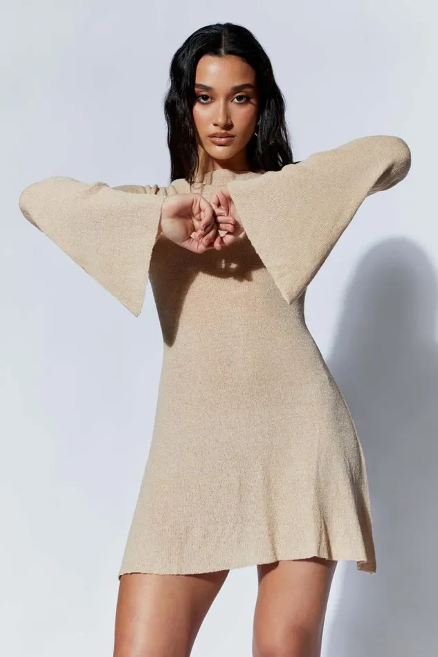 Meshki Mini Dresses Zahra Long Sleeve Open Back Mini Knit Dress 8211 Wheat Wheat 8211 Women