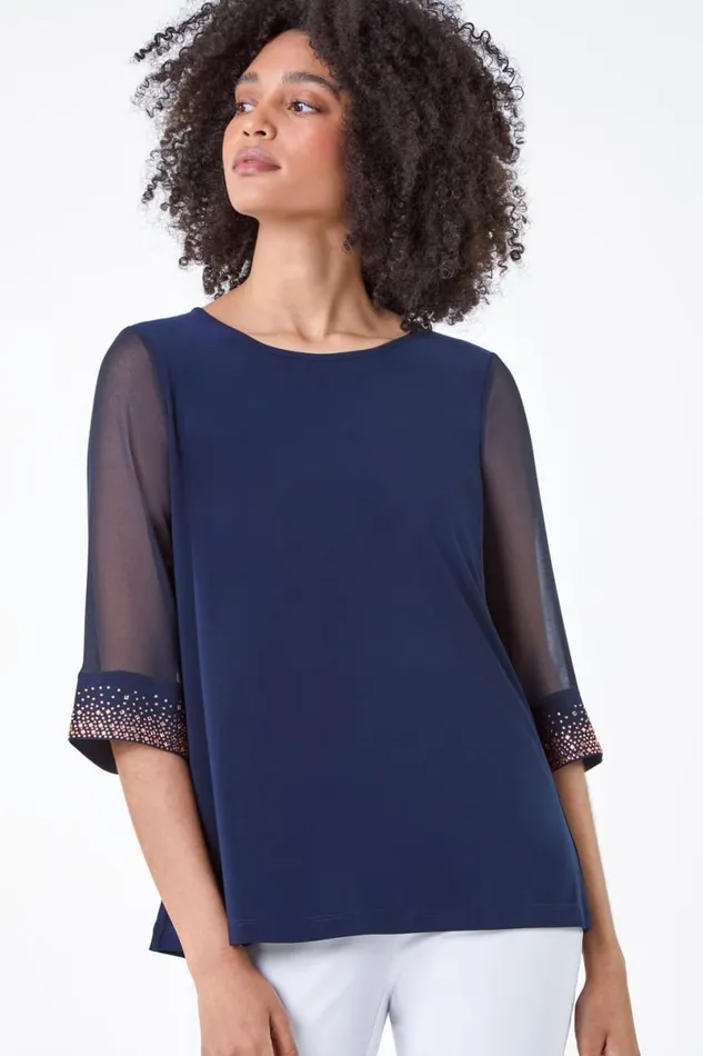 Midnight Blue Sparkle Embellished Cuff Chiffon Top Women Roman Tops