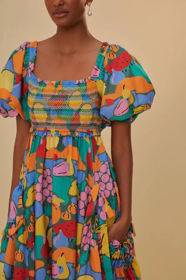 Multicolor Fruit Landscape Short Sleeve Midi Dress Women FARM Rio Midi Dresses
