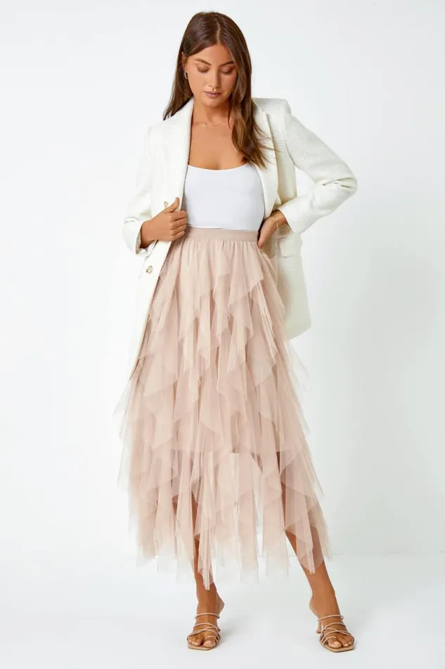 Natural Elastic Waist Mesh Layered A Line Skirt Women Roman Occasionwear