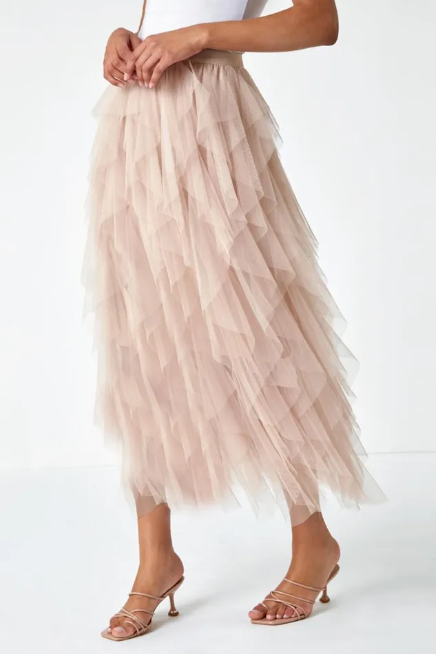 Natural Elastic Waist Mesh Layered A Line Skirt Women Roman Occasionwear