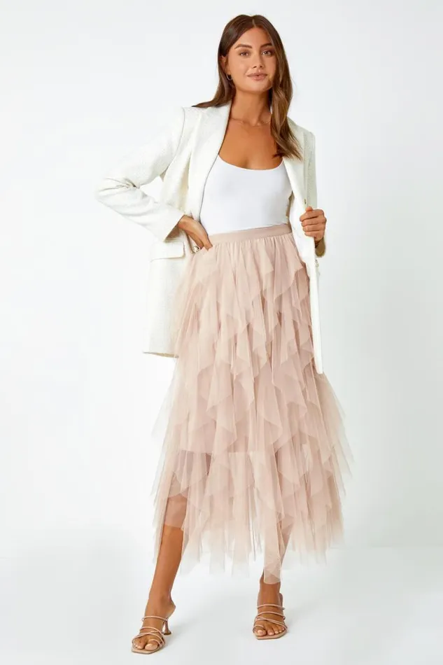 Natural Elastic Waist Mesh Layered A Line Skirt Women Roman Occasionwear