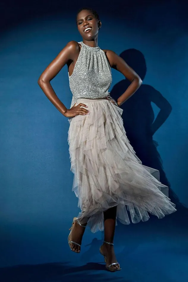 Natural Elastic Waist Mesh Layered A Line Skirt Women Roman Occasionwear
