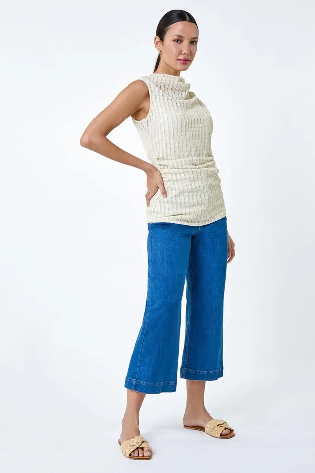 Natural Textured Sleeveless Stretch Top Women Roman Tops