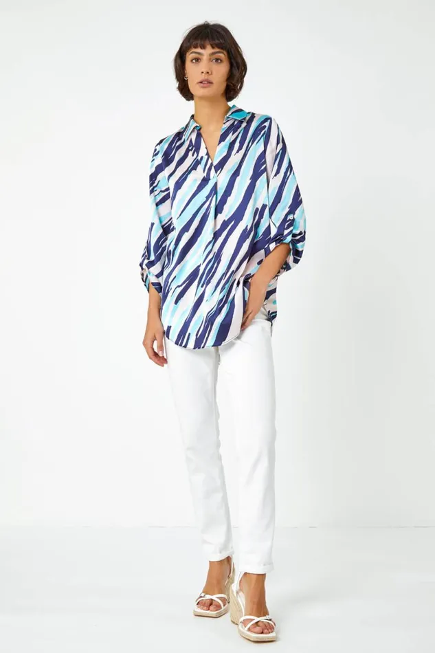 Navy Abstract Print Collared Overshirt Women Roman Blouses and Shirts