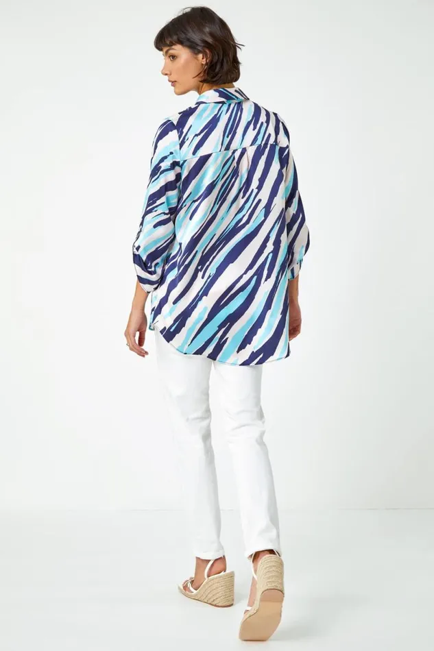 Navy Abstract Print Collared Overshirt Women Roman Blouses and Shirts
