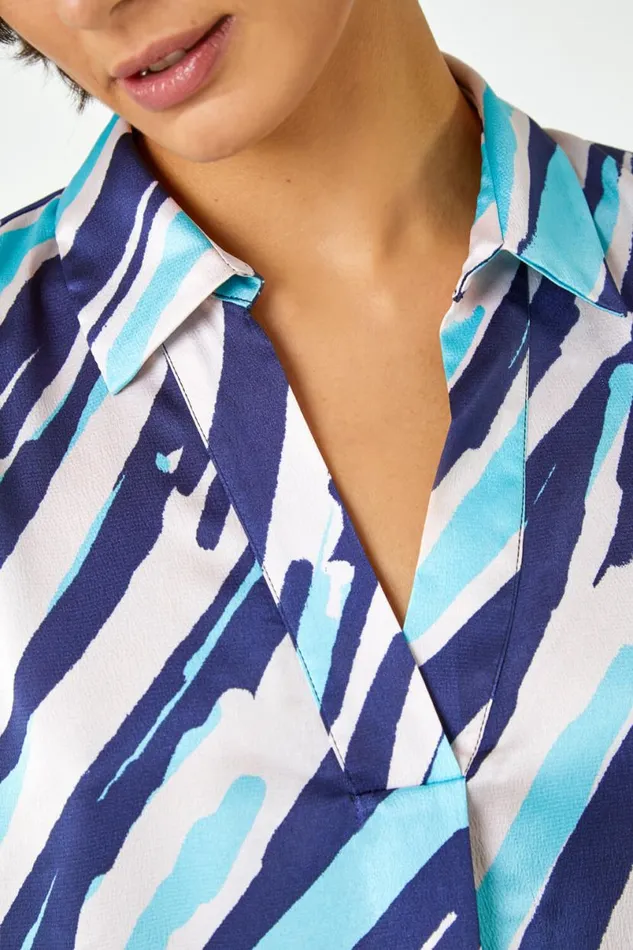 Navy Abstract Print Collared Overshirt Women Roman Blouses and Shirts