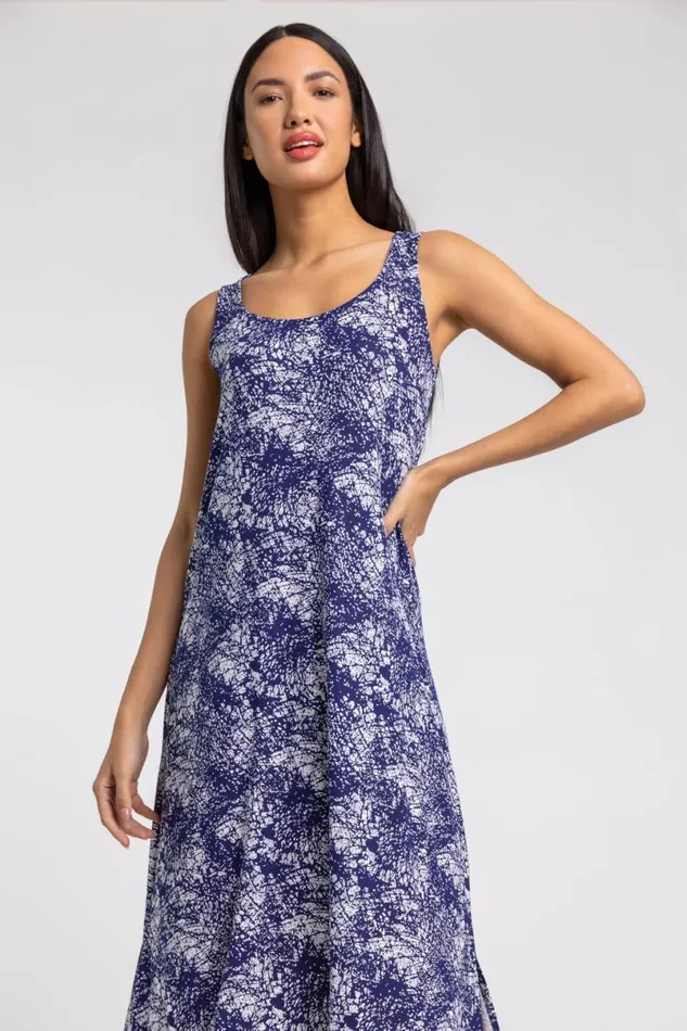 Navy Abstract Print Hanky Hem Maxi Dress Women Roman Dresses