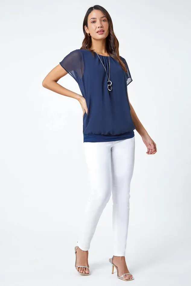 Navy Chiffon Jersey Blouson Top With Necklace Women Roman Tops