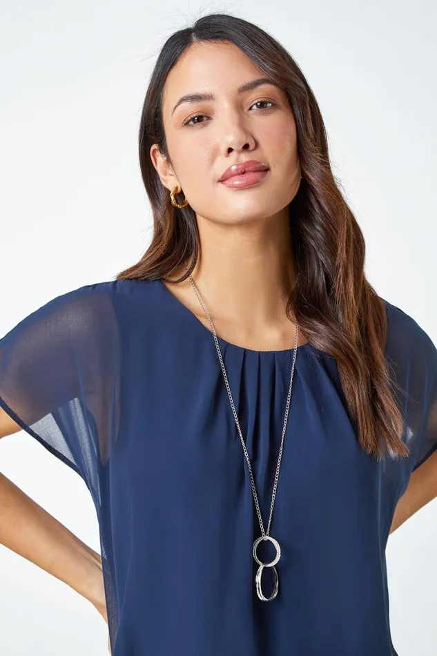 Navy Chiffon Jersey Blouson Top With Necklace Women Roman Tops