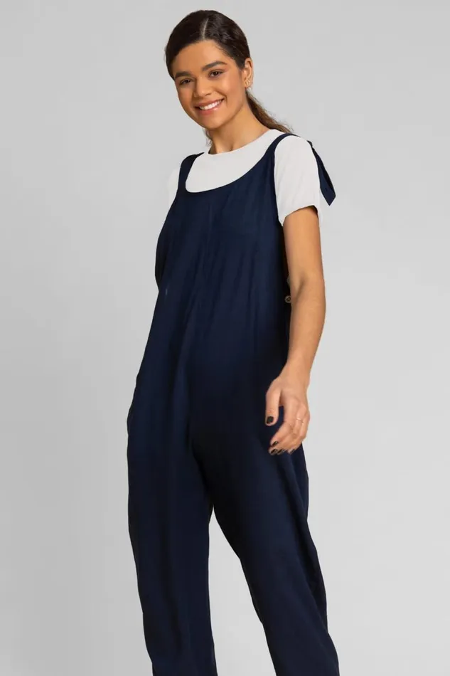 Navy Cropped Tie Detail Jumpsuit Women Roman Dresses