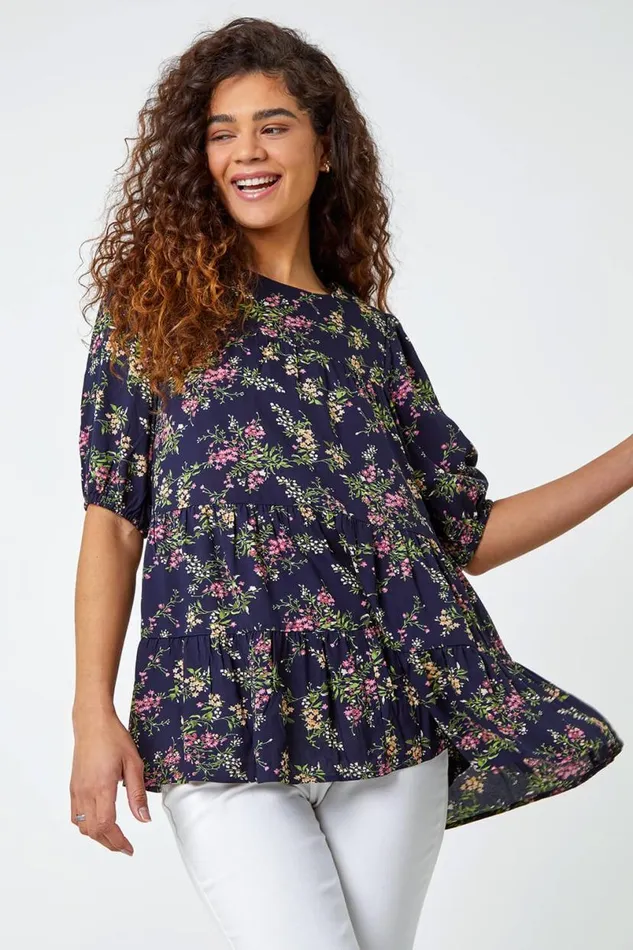 Navy Ditsy Floral Print Puff Sleeve Top Women Roman Tops