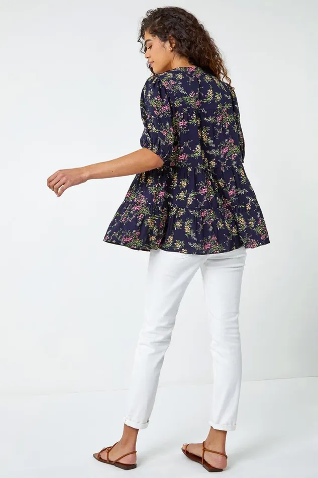 Navy Ditsy Floral Print Puff Sleeve Top Women Roman Tops