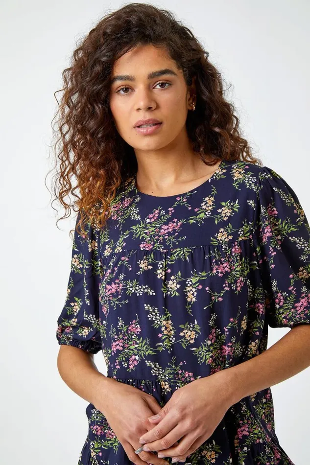 Navy Ditsy Floral Print Puff Sleeve Top Women Roman Tops