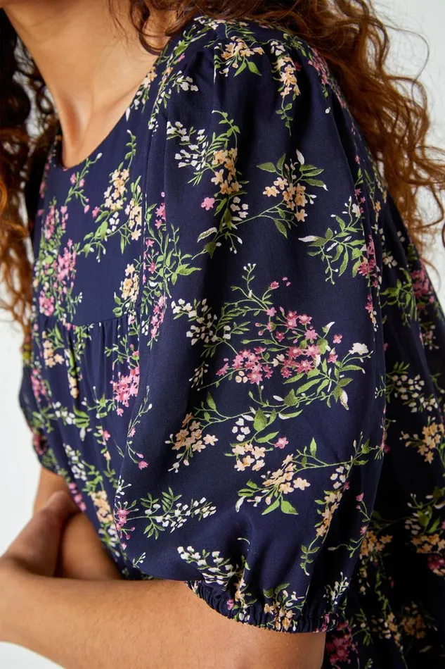 Navy Ditsy Floral Print Puff Sleeve Top Women Roman Tops